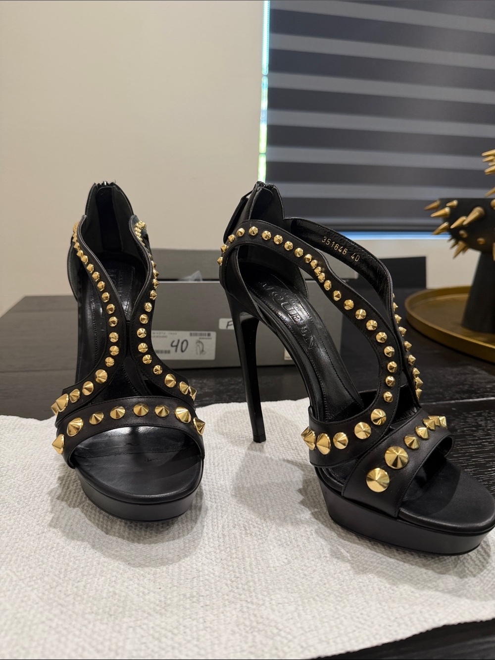Alexander McQueen Black Leather High Heels with Gold Studs